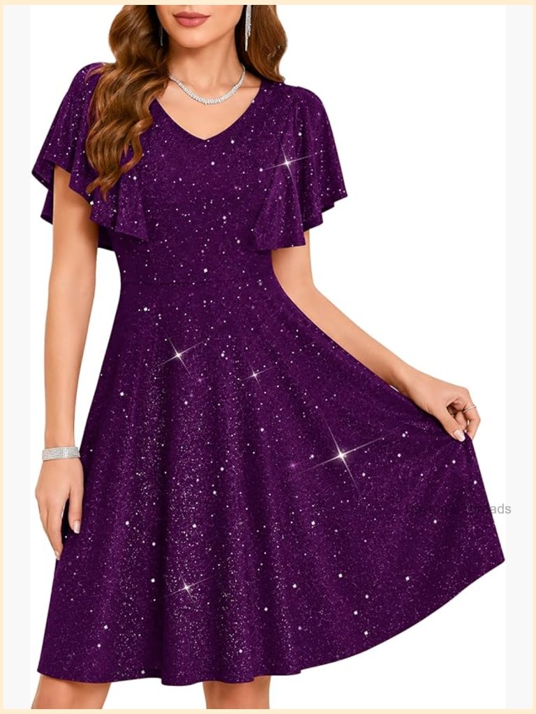 Formal Cocktail Dress Short Ruffle Sleeve Sparkly Party Dress Midi A-Line V-Neck